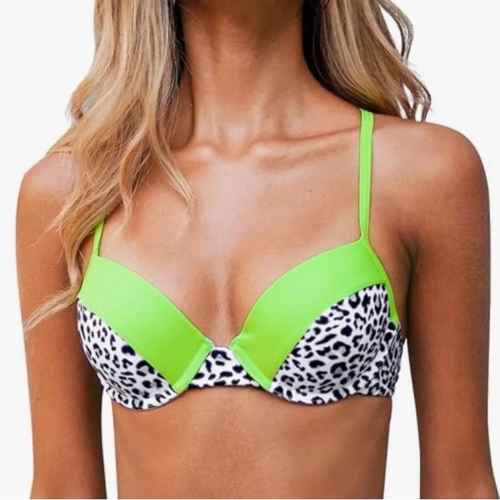 👙🔥💚 CUPSHE Leopard Bikini Top 36C Lime Green Underwire Push Up Swim Top